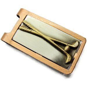 Golf Clubs Brass Tone, Copper Tone & Grey Money Clip Stainless Steel Wallet